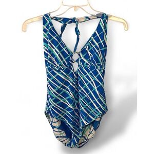 Moontide Women's Geometric Blue And White Patterned Halter Reversible Swimsuit L